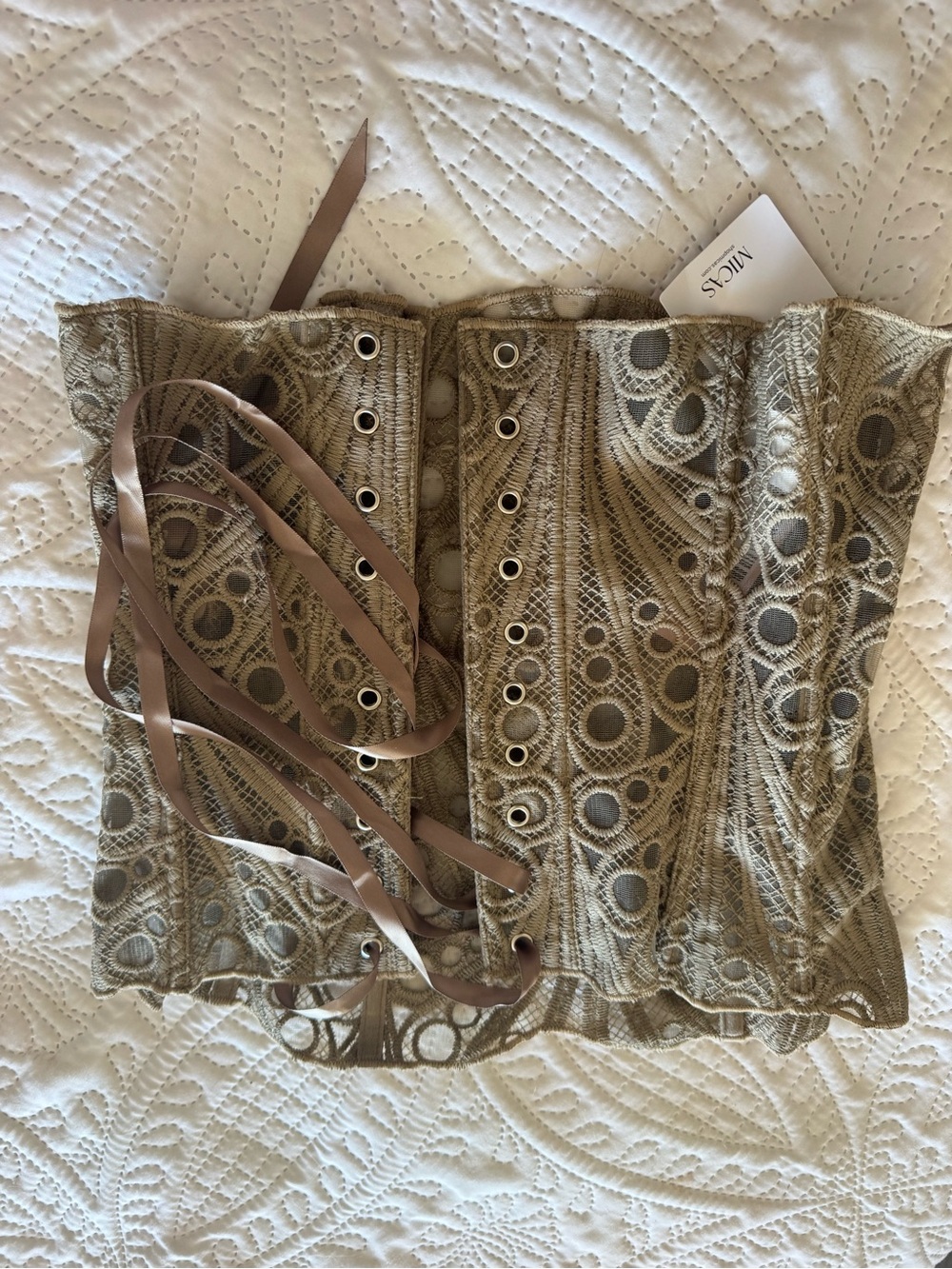 Scalloped Tan Strapless Crochet Lace Crop Top - Picture 2 of 5